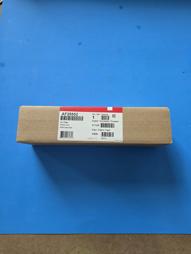 Genuine Fleetguard AF25552 secondary air filter in its sealed kraft carton with the red Fleetguard band, origin USA label, photographed in Prince George BC