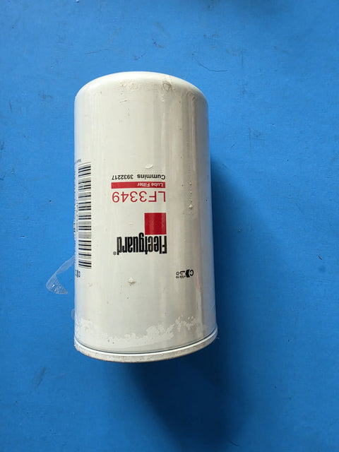 Genuine Fleetguard LF3349 oil filter with Cummins 3932217 on the can and remnants of the factory wrap, photographed in Prince George BC