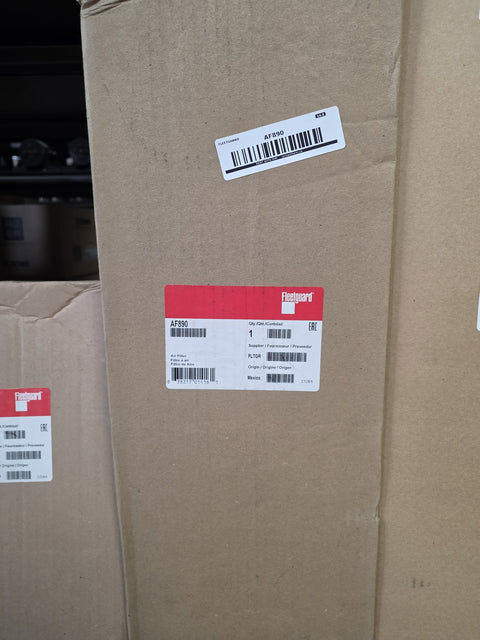 Genuine Fleetguard AF890 secondary axial seal air filter in a tall sealed carton, origin Mexico label with date code 21261, photographed in Prince George BC