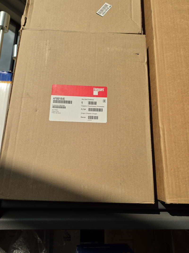 Genuine Fleetguard AF55015VE air filter in a sealed carton with Cummins 5261250 on the label, origin Mexico date code 24332, photographed in Prince George BC