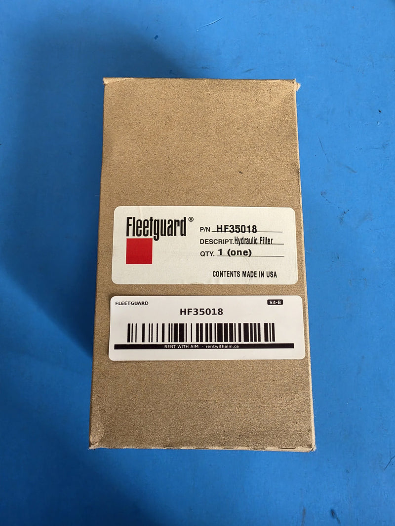 Genuine Fleetguard HF35018 hydraulic filter in a plain box with a Fleetguard sticker reading QTY 1 and contents made in USA, AIM S4-B shelf sticker, in Prince George BC