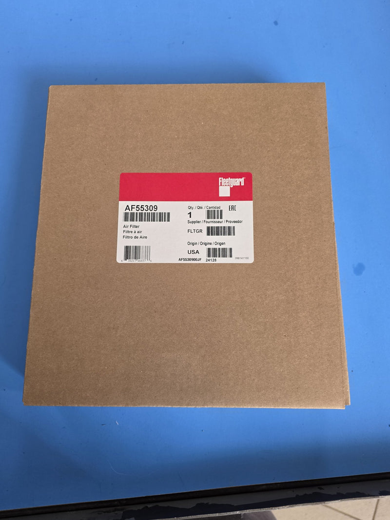 Genuine Fleetguard AF55309 direct flow secondary air filter in a sealed USA made carton, code AF5530900JF 24128, UPC 638217168376, photographed in Prince George BC