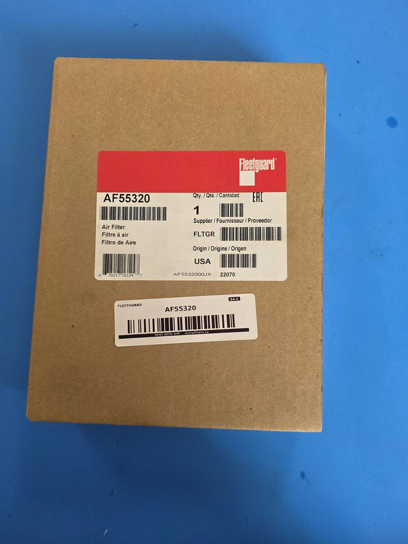 Genuine Fleetguard AF55320 air filter in a sealed USA made carton, code AF5532000JX 22070, UPC 638217161247, AIM S4-C shelf sticker, photographed in Prince George BC