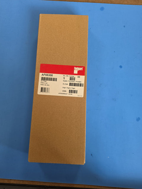 Genuine Fleetguard AF55308 secondary air filter, sealed carton with the red Fleetguard label showing supplier FLTGR and origin USA, Prince George BC shelf stock