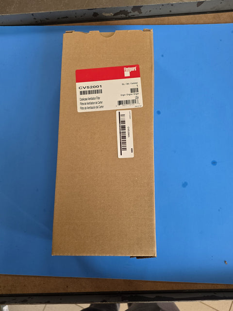 Genuine Fleetguard CV52001 crankcase ventilation filter in a sealed carton, red label origin USA, AIM Fleetguard shelf barcode alongside, Prince George BC