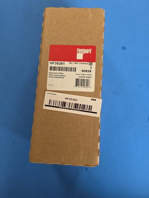 Genuine Fleetguard HF35381 spin on hydraulic filter in a sealed United States made carton, code 2402407, UPC 638217426926, AIM S4-A shelf sticker, photographed in Prince George BC