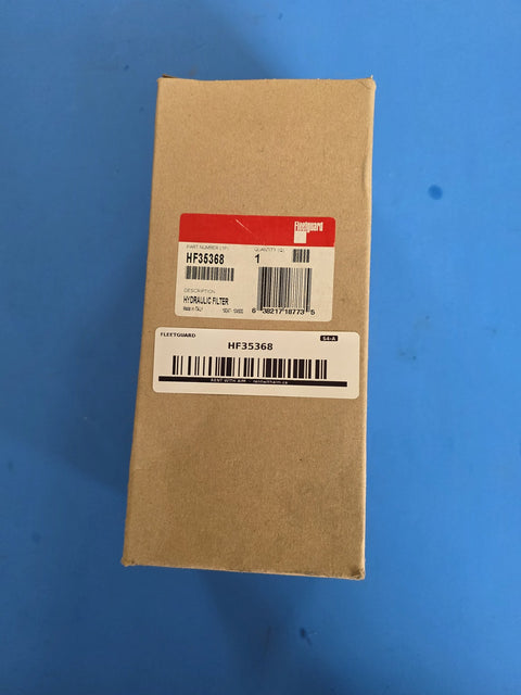 Genuine Fleetguard HF35368 spin on hydraulic filter, sealed made in Italy carton, code 19247 104500, UPC 638217187735, AIM S4-A shelf sticker, photographed in Prince George BC