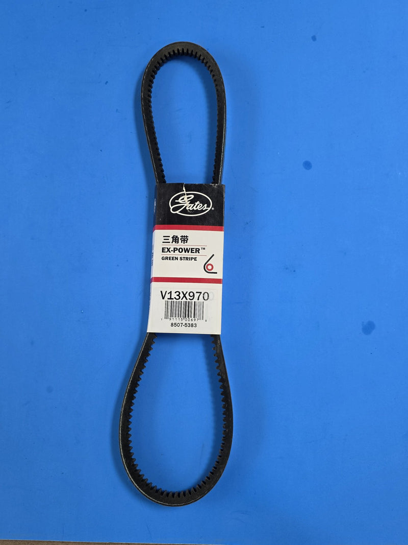 Genuine Gates V13X970 Ex-Power Green Stripe cogged V belt with the Gates paper band, code 8507-5383, photographed on the shelf in Prince George BC