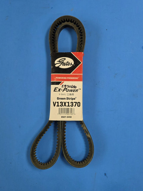 Genuine Gates V13X1370 Ex-Power Green Stripe cogged V belt, Gates Powering Progress band with hand written 819911640, photographed in Prince George BC