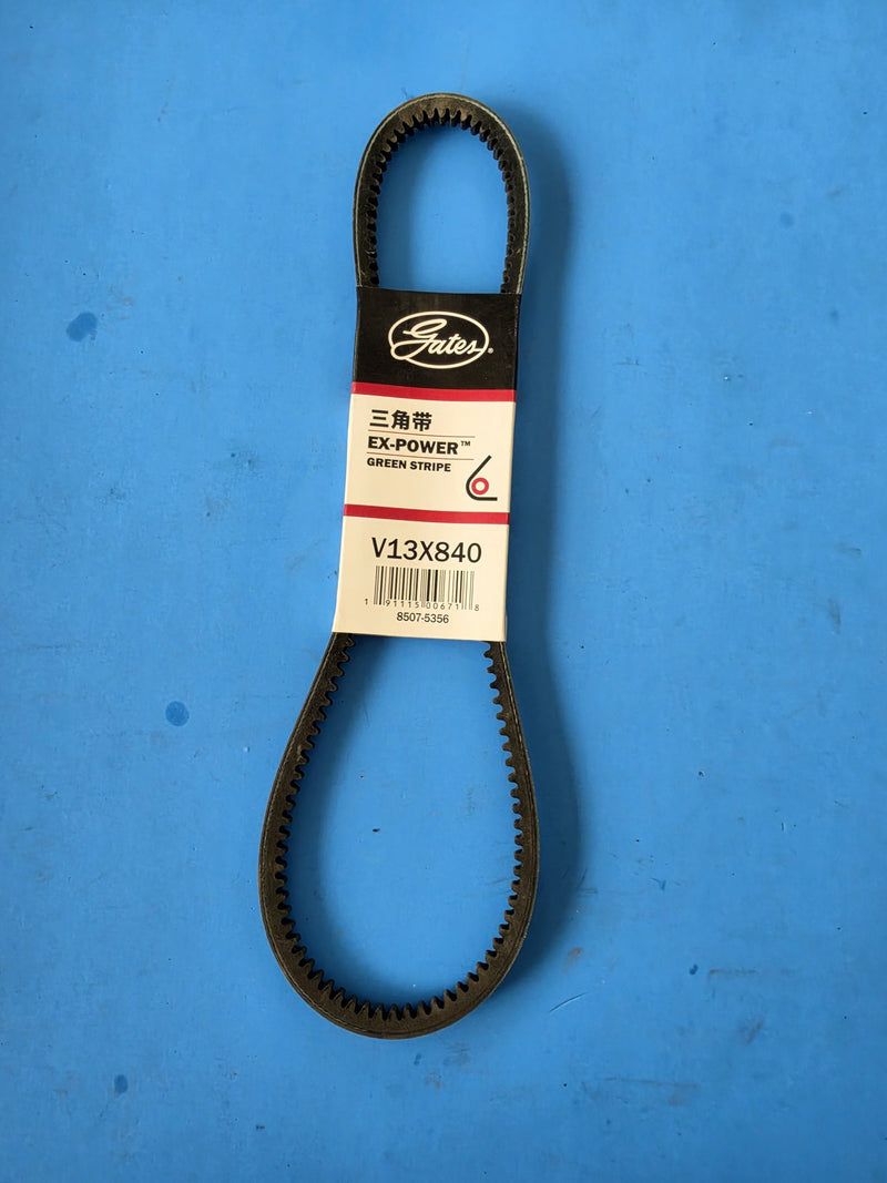 Genuine Gates V13X840 Ex-Power Green Stripe cogged V belt with the Gates paper band, code 8507-5356, photographed in Prince George BC