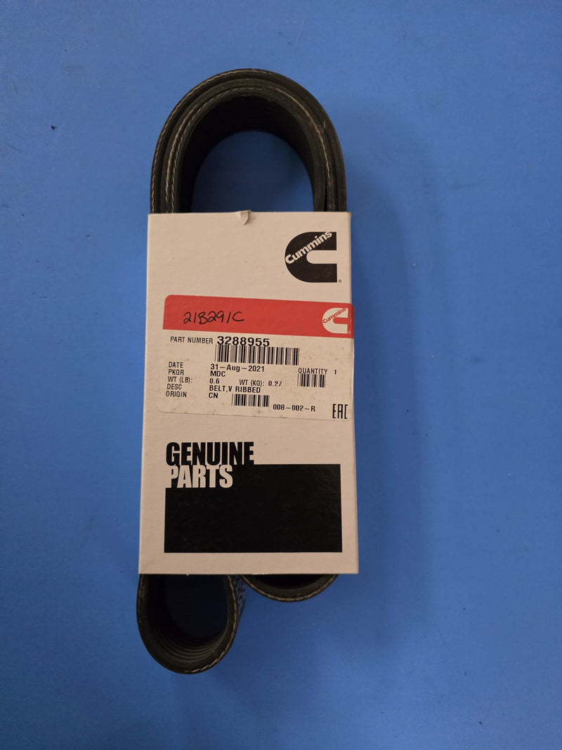 Genuine Cummins 3288955 V ribbed belt in a sealed Cummins Genuine Parts box, origin CN label with 218291C written on the red band, photographed in Prince George BC