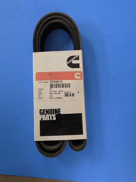 Genuine Cummins 3289012 V ribbed belt in a sealed Cummins Genuine Parts box packed November 2014, B6L written on the red band, Prince George BC