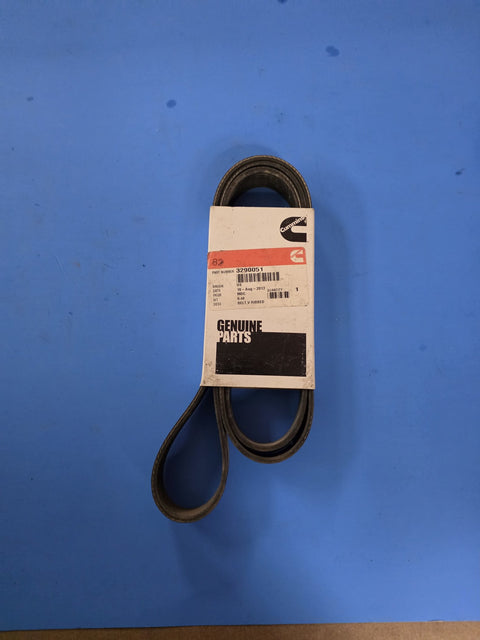 Genuine Cummins 3290051 V ribbed belt in a sealed Cummins Genuine Parts box packed August 2013, photographed on the shelf in Prince George BC