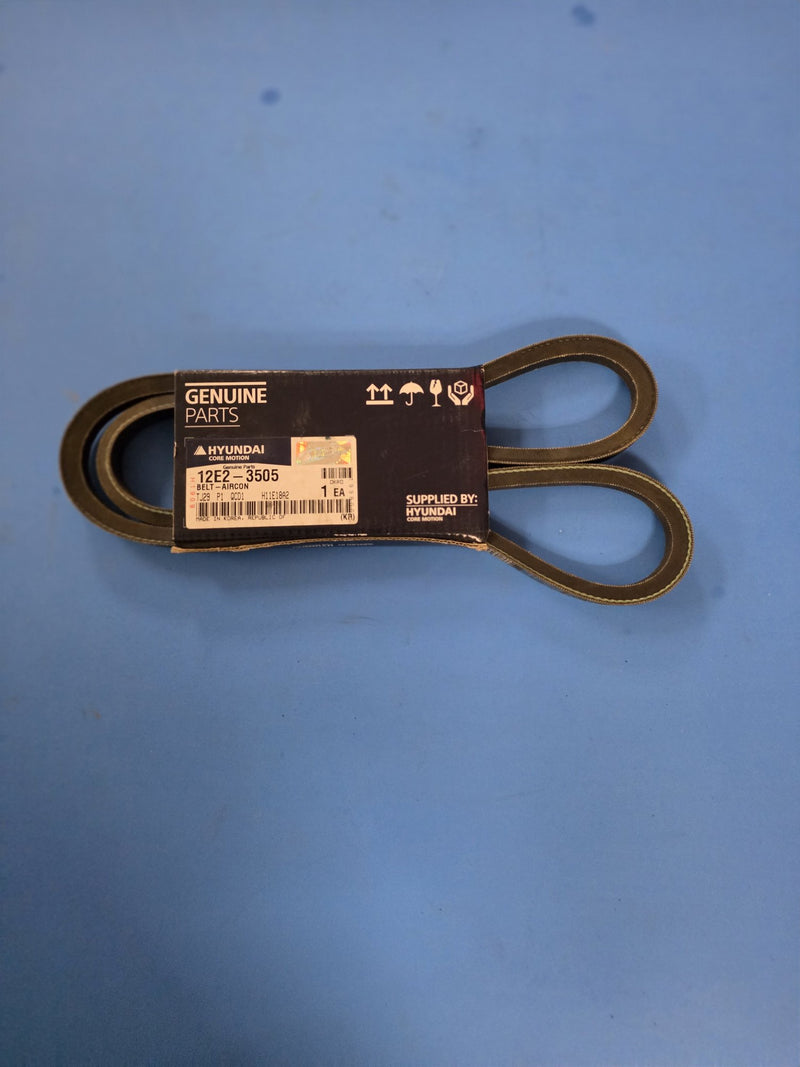 Genuine Hyundai 12E2-3505 aircon belt in the dark Hyundai Core Motion Genuine Parts box with holographic sticker, made in Korea, photographed in Prince George BC